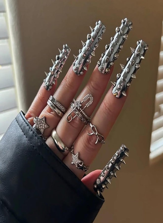 MISUD Press on Nails - Long Square Fake Nails with Silver Chrome, Acrylic Y2K Metallic Rivet Design 24 pcs - Image 1